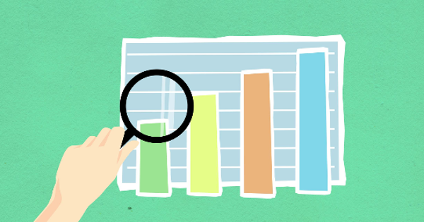 Cutout paper illustration of human hand with magnifier and chart