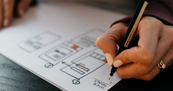 UX Work: Woman's hands drawing a wireframe