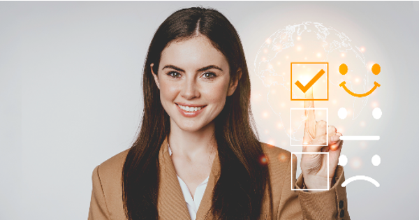 Young business woman checking on satisfaction checklist box